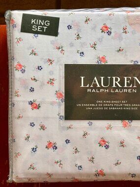Ralph Lauren King Size Cotton Percale Sheet Set Small Florals White Background